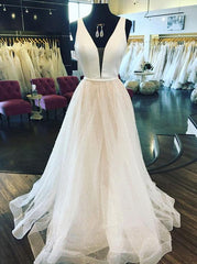 A-Line Plunging Neck Sparkly Glitter Tulle Long Wedding Dress