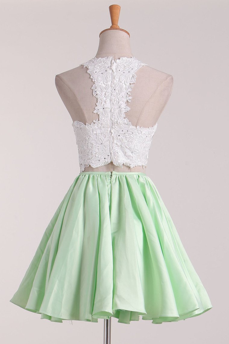 A-Line Satin Lace Applique Two Piece Short Prom Homecoming Dress