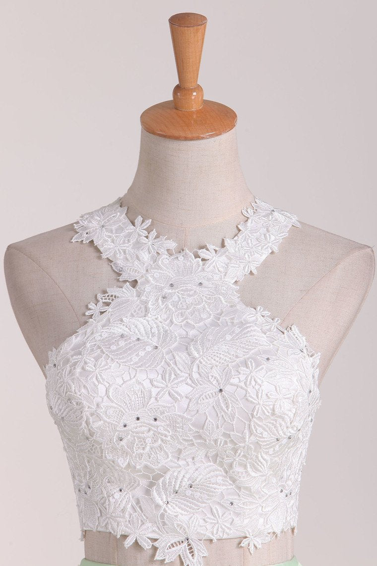 A-Line Satin Lace Applique Two Piece Short Prom Homecoming Dress