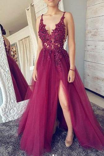 A-Line Spaghetti-Straps Backless Illusion Lace Tulle Prom Dress with Slit