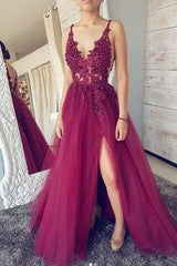 A-Line Spaghetti-Straps Backless Illusion Lace Tulle Prom Dress with Slit