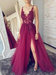 A-Line Spaghetti-Straps Backless Illusion Lace Tulle Prom Dress with Slit