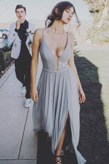 A-Line Spaghetti-Straps Plunging V-Neck Long Prom Dress with Split