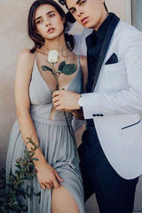 A-Line Spaghetti-Straps Plunging V-Neck Long Prom Dress with Split