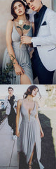 A-Line Spaghetti-Straps Plunging V-Neck Long Prom Dress with Split