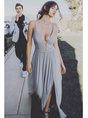 A-Line Spaghetti-Straps Plunging V-Neck Long Prom Dress with Split