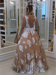 A-Line Tulle Illusion Back Lace Appliques Long Prom Dress with Pearls