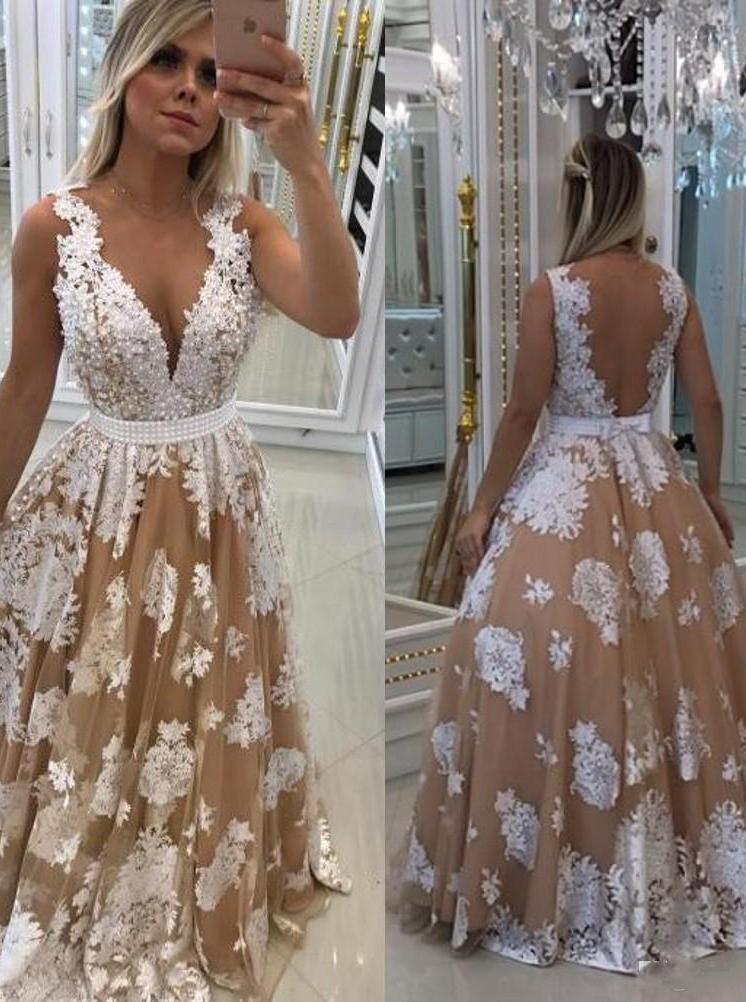 A-Line Tulle Illusion Back Lace Appliques Long Prom Dress with Pearls