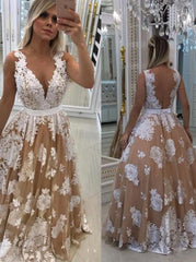 A-Line Tulle Illusion Back Lace Appliques Long Prom Dress with Pearls