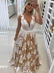 A-Line Tulle Illusion Back Lace Appliques Long Prom Dress with Pearls