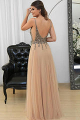 A-Line Tulle V-Neck Beaded Bodice Backless Prom Evening Dress