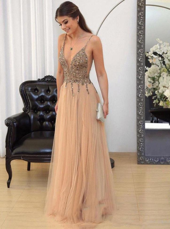 A-Line Tulle V-Neck Beaded Bodice Backless Prom Evening Dress