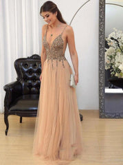 A-Line Tulle V-Neck Beaded Bodice Backless Prom Evening Dress