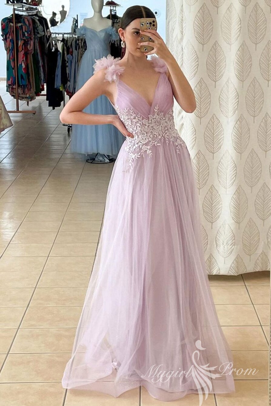 A-Line V-Neck Pink Long Prom Dress with Lace Applique