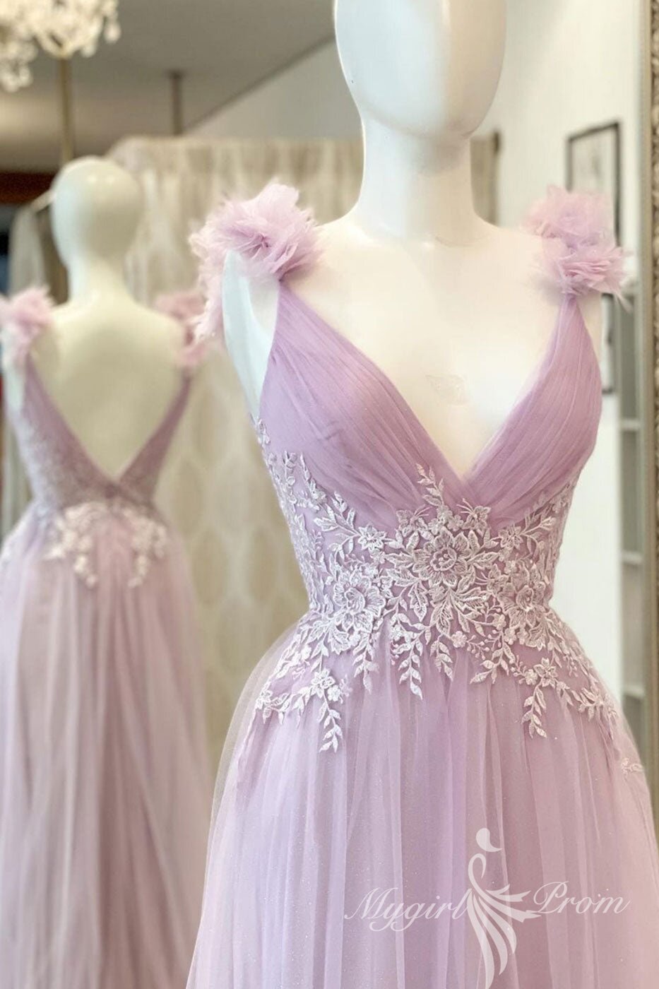 A-Line V-Neck Pink Long Prom Dress with Lace Applique