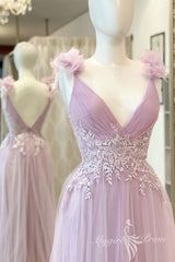 A-Line V-Neck Pink Long Prom Dress with Lace Applique