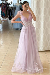A-Line V-Neck Pink Long Prom Dress with Lace Applique