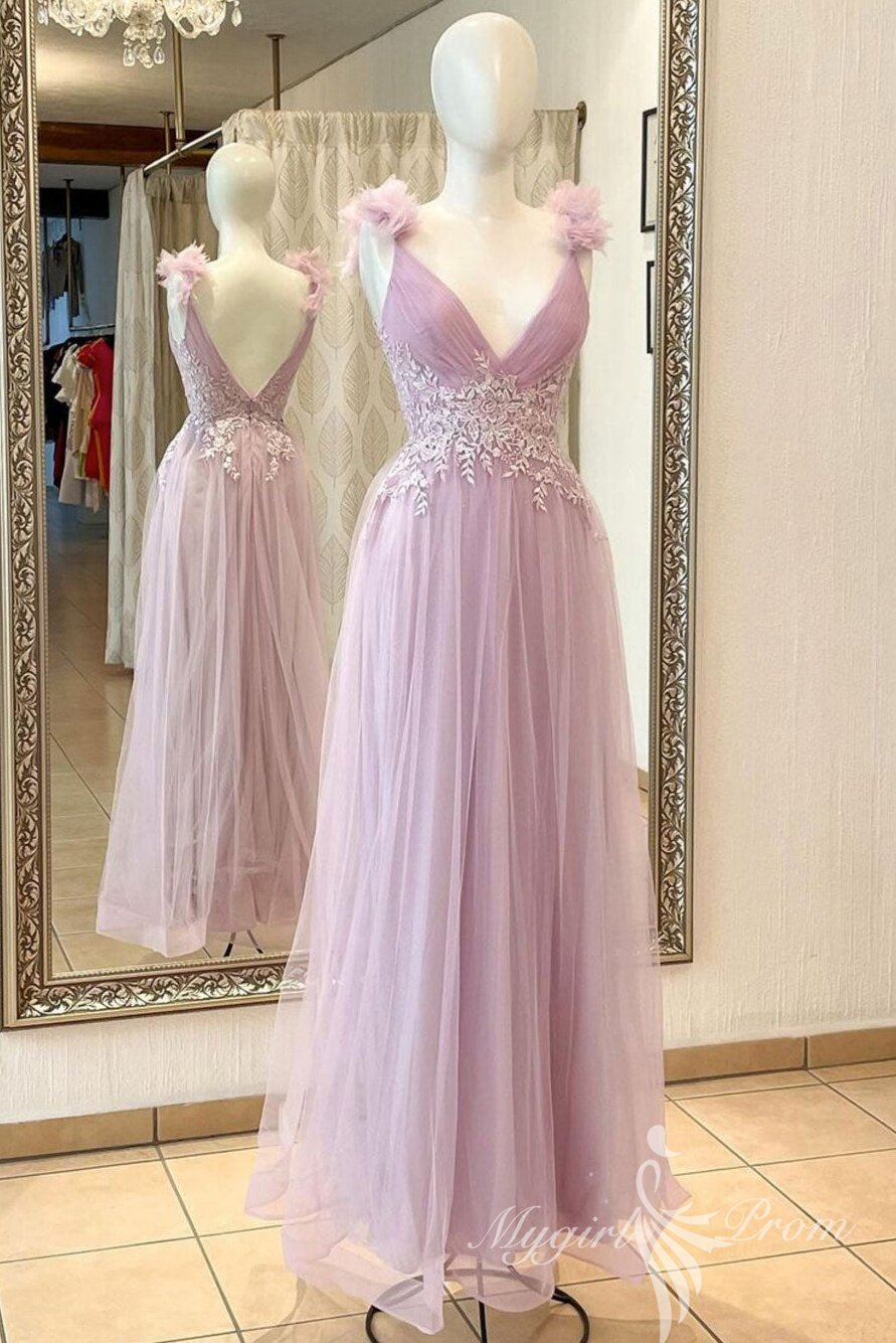 A-Line V-Neck Pink Long Prom Dress with Lace Applique