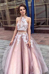 Appliques A-Line Halter Pink Prom Dresses, Tulle Graduation Gown