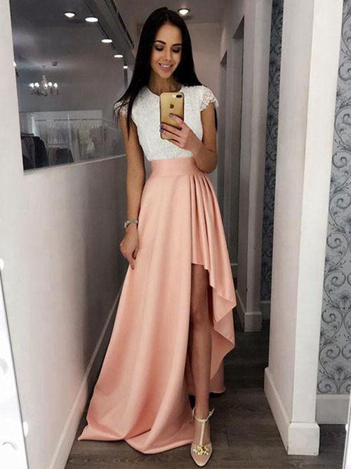 Cap Sleeve Round Neck Lace Bodice Asymmetric Pink Satin Prom Dress