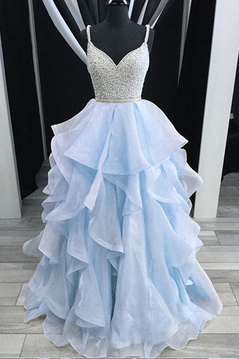 Baby Blue Long Prom Dresses, Backless Spaghetti Formal Dresses with Beading