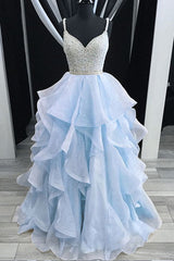 Baby Blue Long Prom Dresses, Backless Spaghetti Formal Dresses with Beading