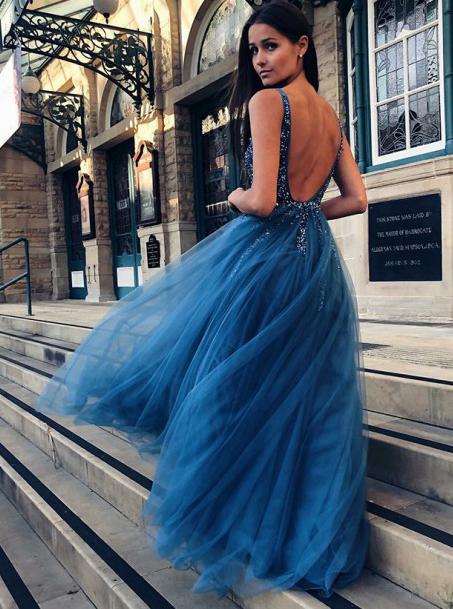 Backless Blue A-Line V-Neck Tulle Long Prom Dress with Beading