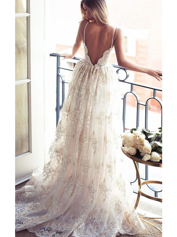 A-Line Spaghetti Strap Lace Backless Long Wedding Dress