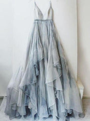 Backless Spaghetti Straps V-Neck Printed Ombre Ruffles Chiffon Long Prom Dress