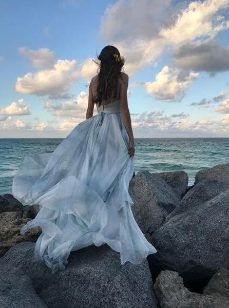 Backless Spaghetti Straps V-Neck Printed Ombre Ruffles Chiffon Long Prom Dress