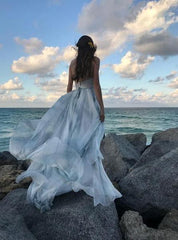Backless Spaghetti Straps V-Neck Printed Ombre Ruffles Chiffon Long Prom Dress