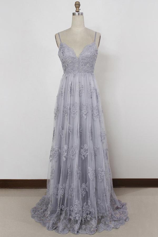 A-Line V-Neck Backless Grey Tulle Prom Dress with Appliques