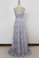 A-Line V-Neck Backless Grey Tulle Prom Dress with Appliques