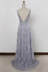 A-Line V-Neck Backless Grey Tulle Prom Dress with Appliques