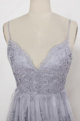A-Line V-Neck Backless Grey Tulle Prom Dress with Appliques