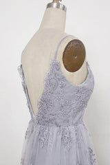 A-Line V-Neck Backless Grey Tulle Prom Dress with Appliques