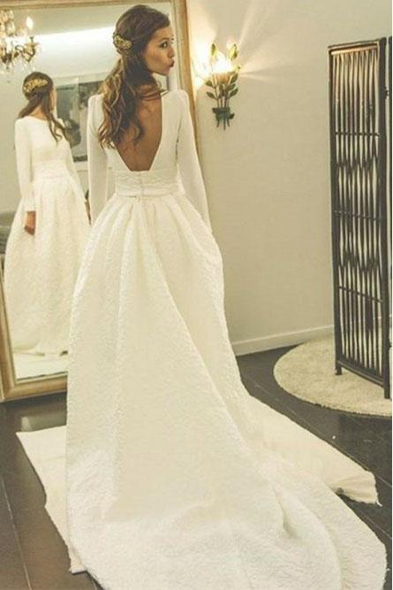 Backless A-Line Bateau Long Sleeve Wedding Dress with Pocket
