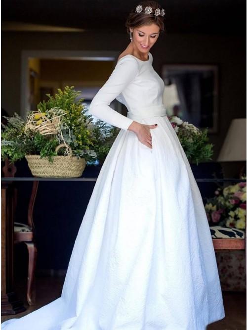 Backless A-Line Bateau Long Sleeve Wedding Dress with Pocket