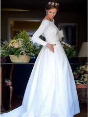 Backless A-Line Bateau Long Sleeve Wedding Dress with Pocket