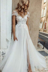 Beautiful White Tulle Wedding Dress, Cap Sleeve Boho Bridal Gown with Split