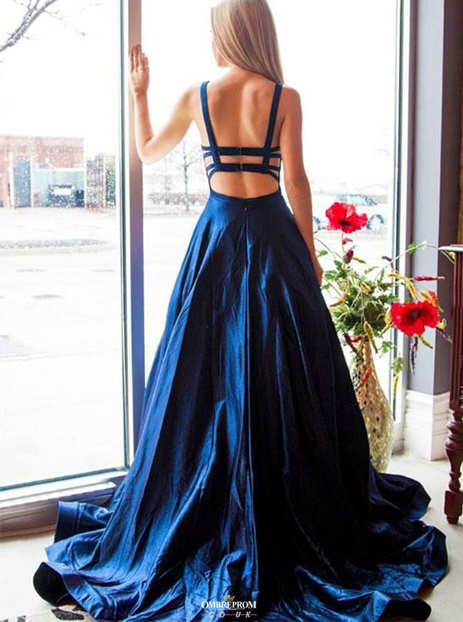 Beautiful Open Back Royal Blue Long Satin Prom Dress