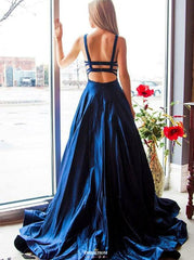 Beautiful Open Back Royal Blue Long Satin Prom Dress