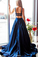 Beautiful Open Back Royal Blue Long Satin Prom Dress
