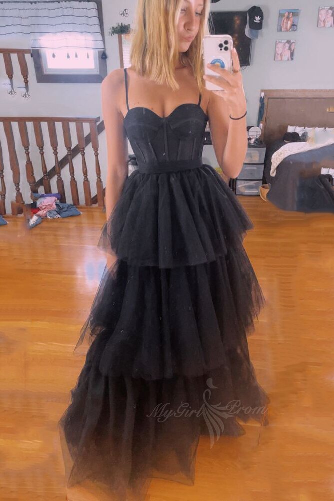 Black Corset Tulle A-Line Long Prom Dress Tiered Formal Gown