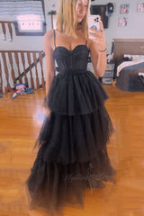 Black Corset Tulle A-Line Long Prom Dress Tiered Formal Gown
