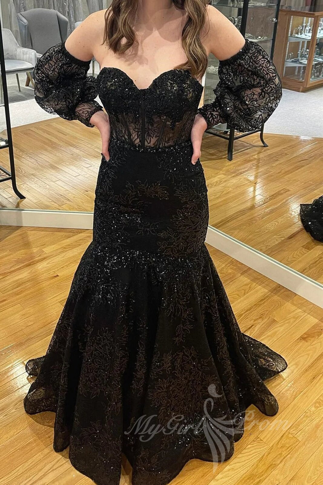 Black Lace Mermaid Prom Dresses with Puff Sleeves, Sweetheart Formal Dresses
