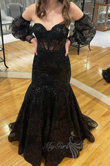 Black Lace Mermaid Prom Dresses with Puff Sleeves, Sweetheart Formal Dresses