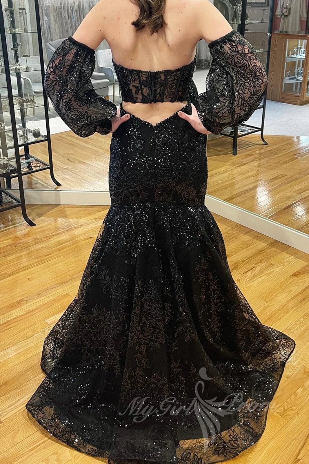 Black Lace Mermaid Prom Dresses with Puff Sleeves, Sweetheart Formal Dresses