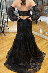 Black Lace Mermaid Prom Dresses with Puff Sleeves, Sweetheart Formal Dresses