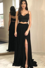Black Lace Chiffon Two-Piece Prom Dress with Slit